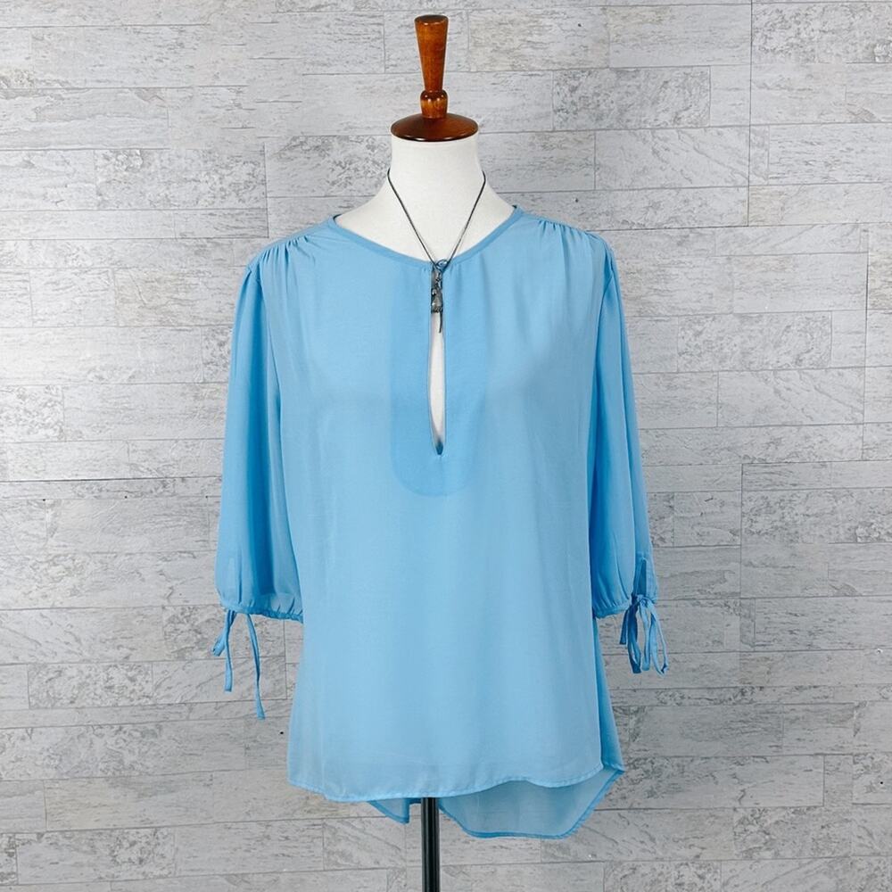 Blue 3/4 sleeve silky tunic blouse with keyhole / peasant / career work business